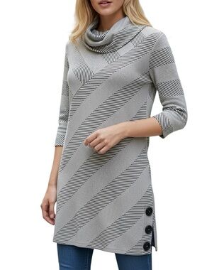 Chico's Gray & Black Diagonal-Stripe Cowl Tunic Sweater 3/4 Sleeves Size Medium